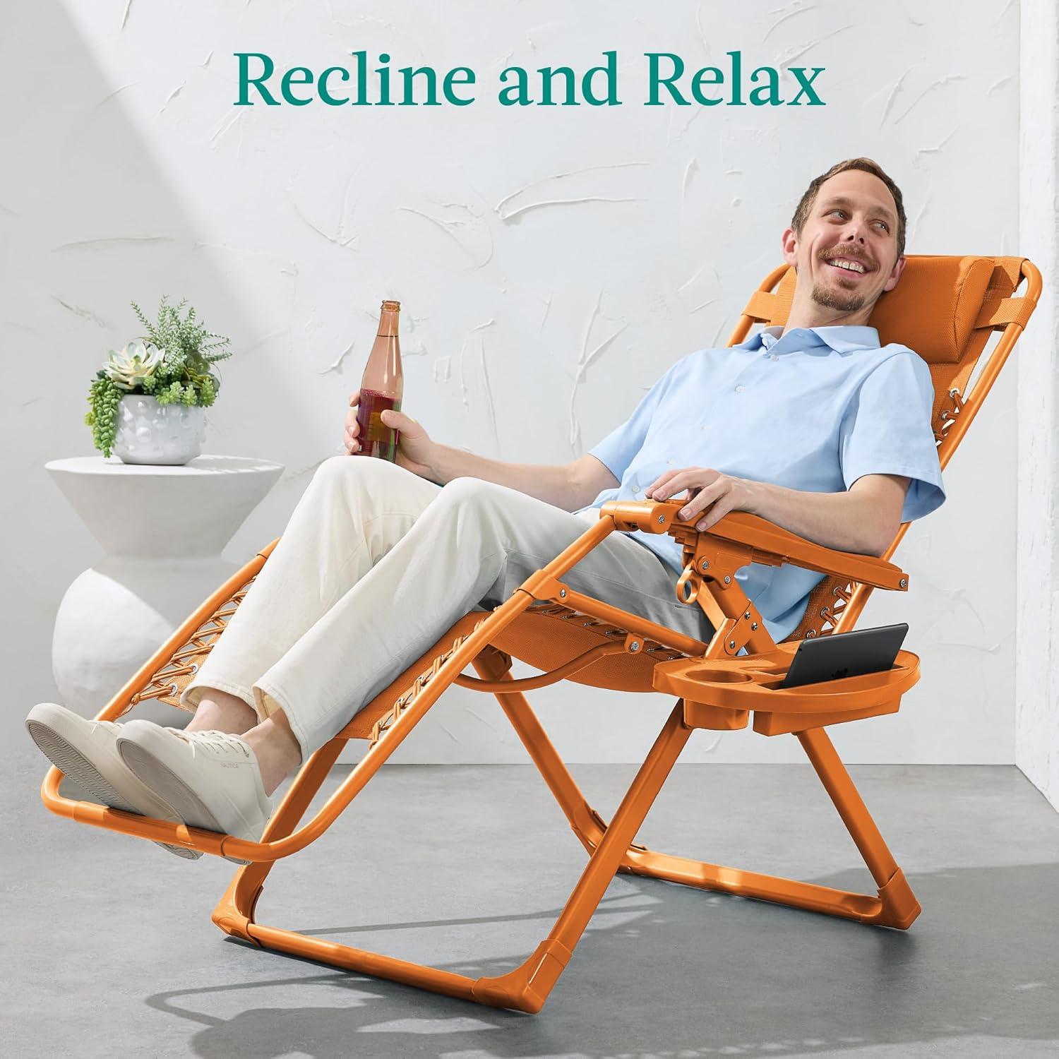 imageBest Choice Products Adjustable Zero Gravity Chair Monochromatic Color Folding Patio Recliner wSide Tray Headrest  SeafoamTangerine