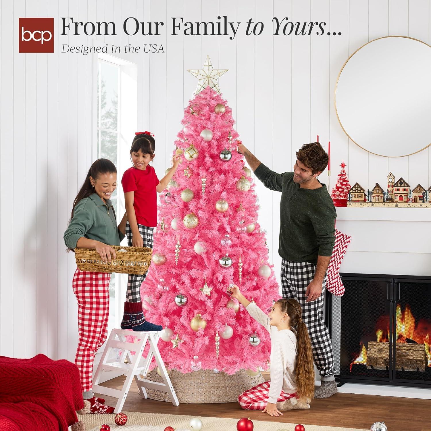 imageBest Choice Products Artificial Christmas Tree White 6ft Premium Pine Unlit Holiday Decoration Full Size Dcor Easy Assembly wMetal StandPink