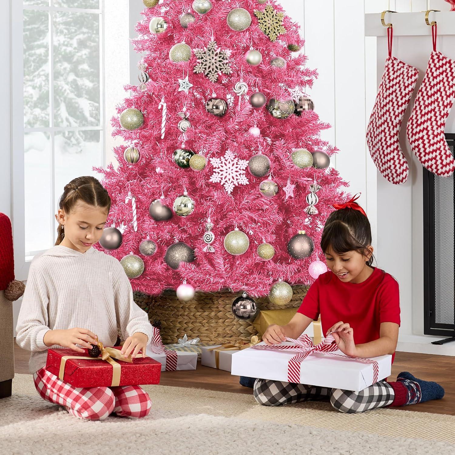 imageBest Choice Products Artificial Christmas Tree White 6ft Premium Pine Unlit Holiday Decoration Full Size Dcor Easy Assembly wMetal StandPink