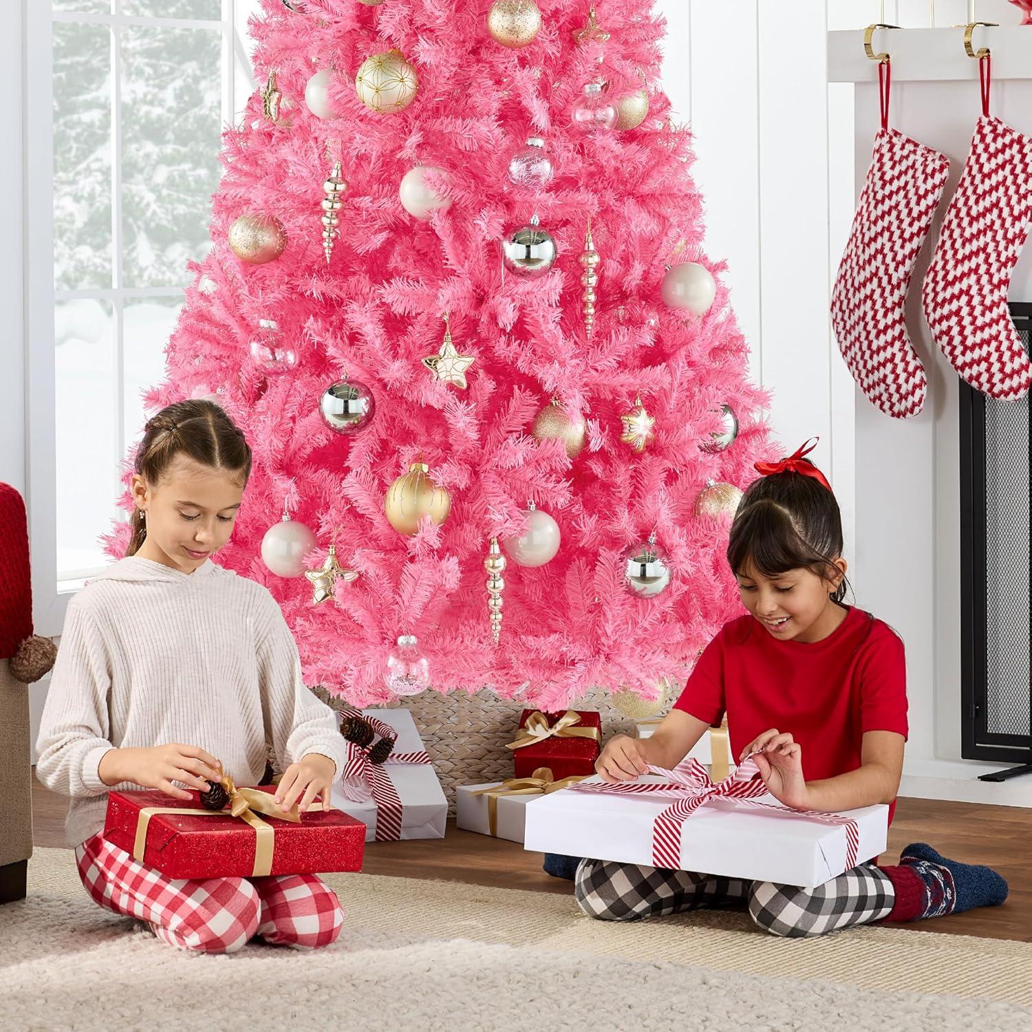 imageBest Choice Products Artificial Christmas Tree White 6ft Premium Pine Unlit Holiday Decoration Full Size Dcor Easy Assembly wMetal StandPink
