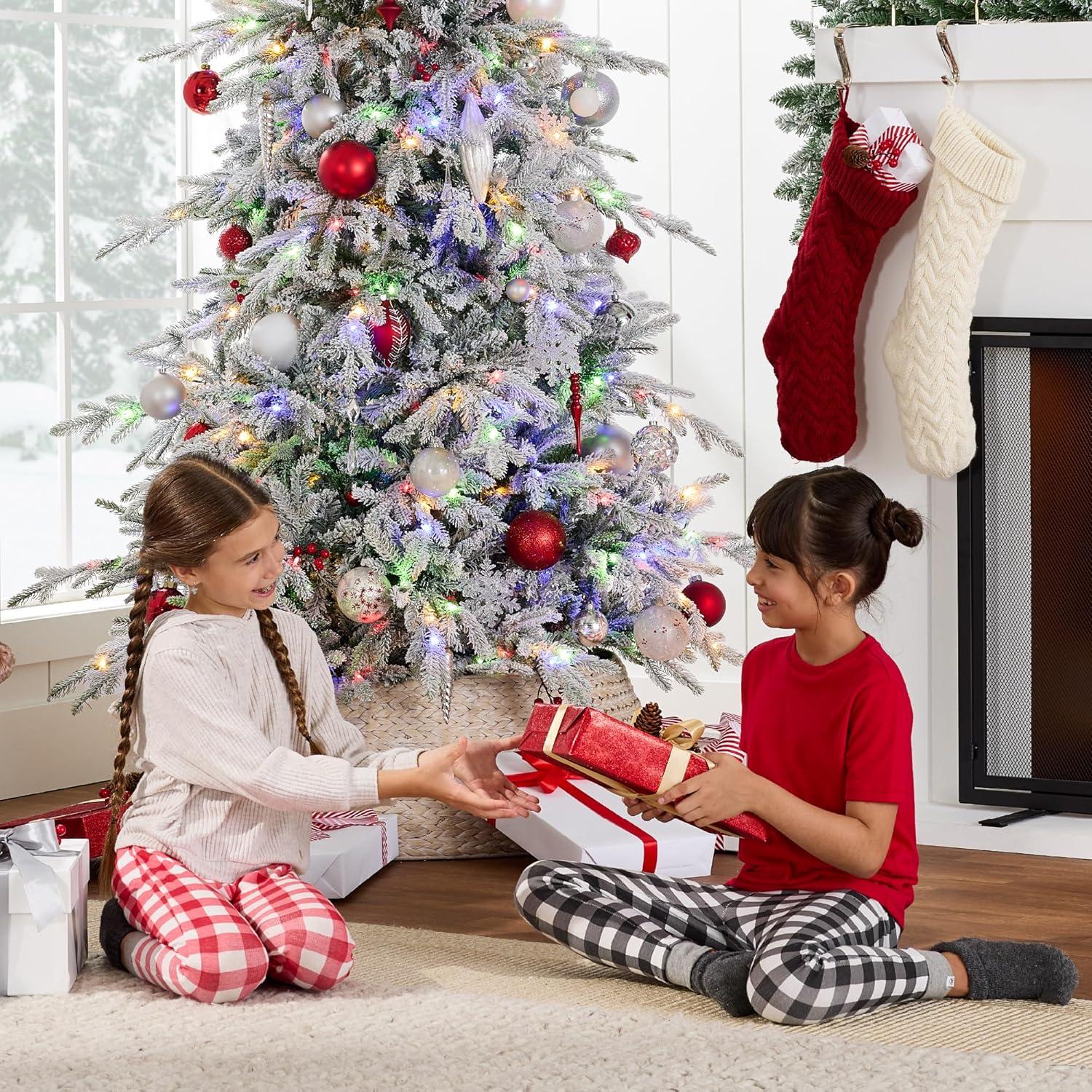 imageBest Choice Products Lighted Aspen Christmas Tree 6ft Flocked Artifical Noble Fir PreLit White ampamp Multicolored LED Lights Premium Holiday DcorFlocked Green