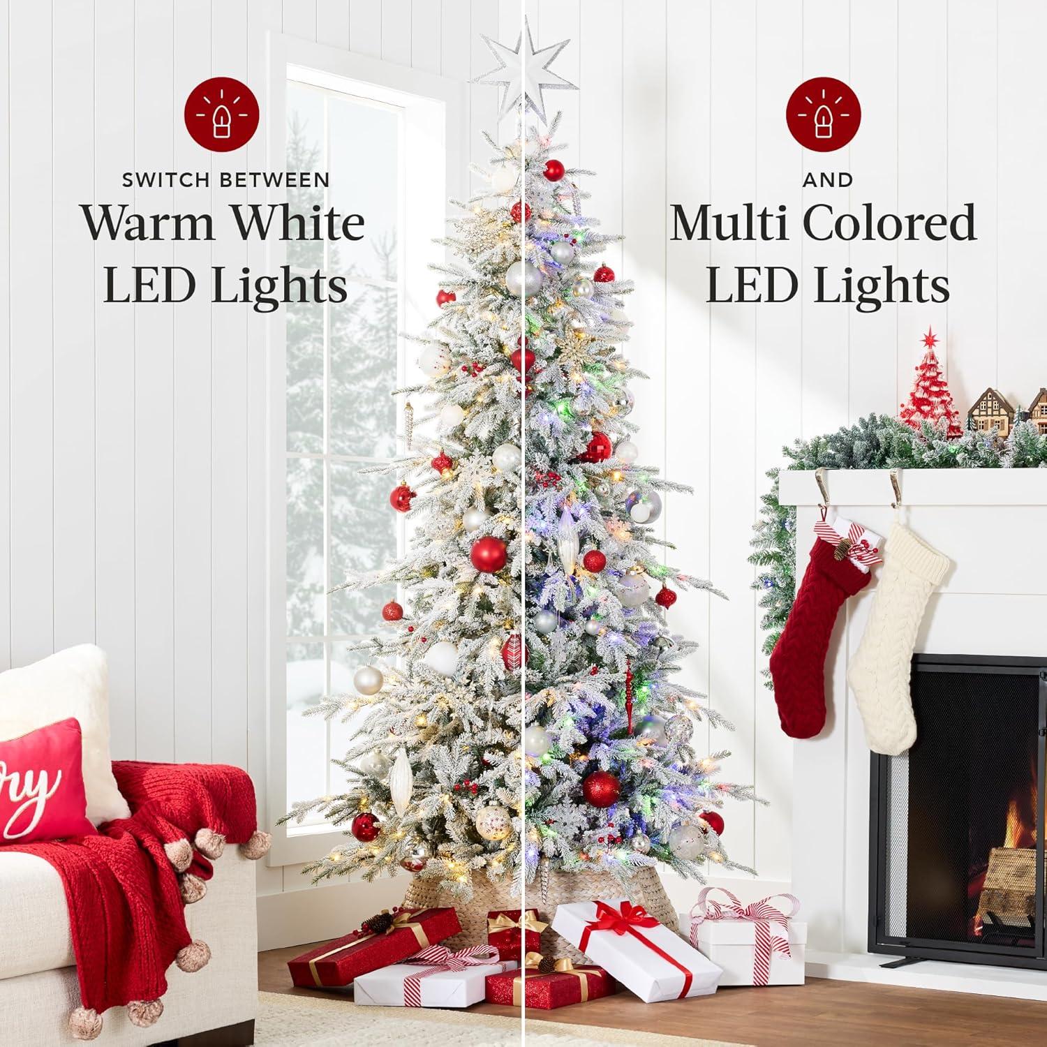 imageBest Choice Products Lighted Aspen Christmas Tree 6ft Flocked Artifical Noble Fir PreLit White ampamp Multicolored LED Lights Premium Holiday DcorFlocked Green