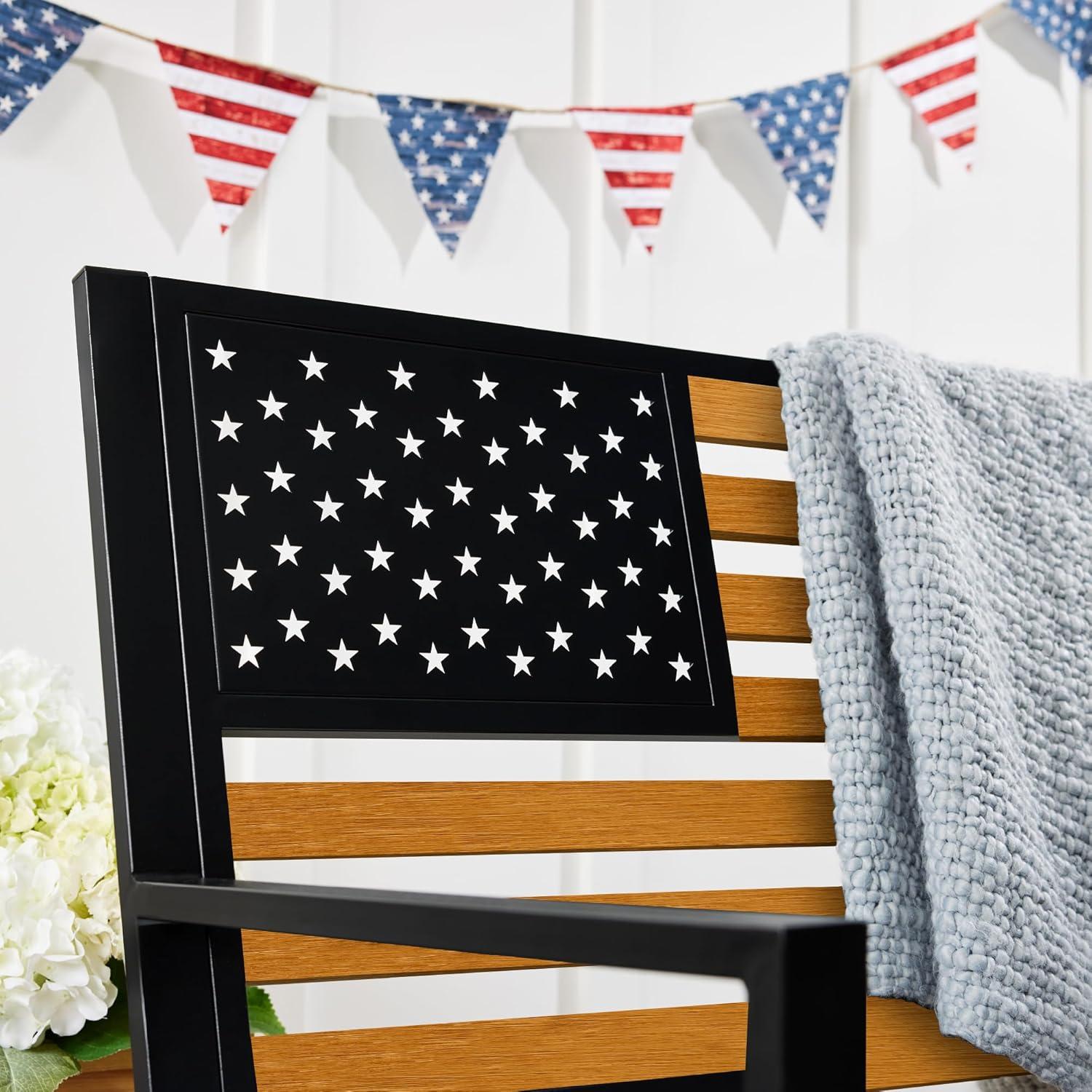 imageBest Choice Products Outdoor Bench 2Person Steel IndoorOutdoor Bench for Garden Patio Porch Entryway wAmerican Flag 790lb Capacity  BlackWoodBlackWood