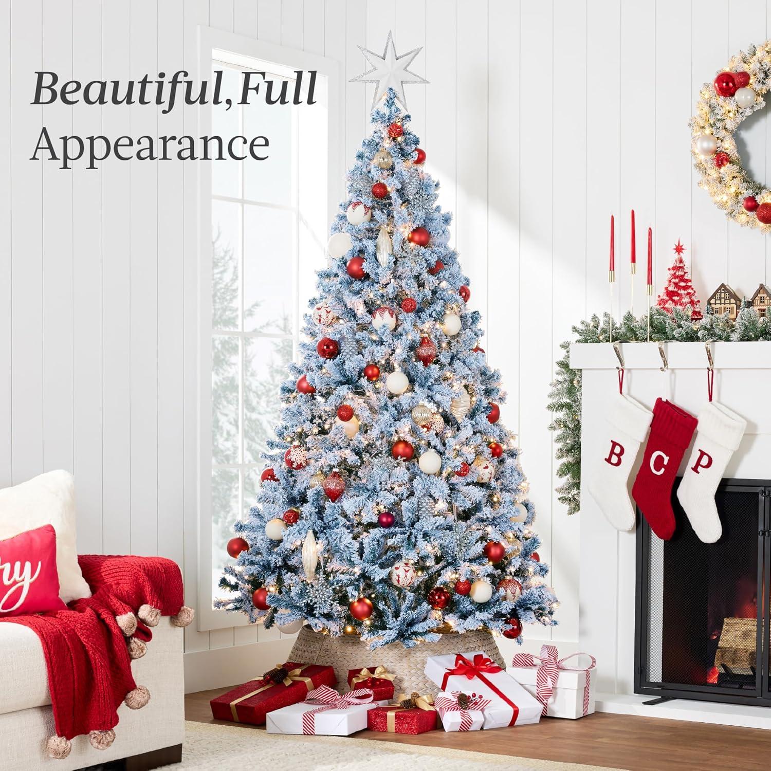 imageBest Choice Products PreLit Artificial Christmas Tree 6ft Snow Flocked Pine Tree 2in1 White and Multicolor LED Lights Full Snowy AppearanceIce Blue