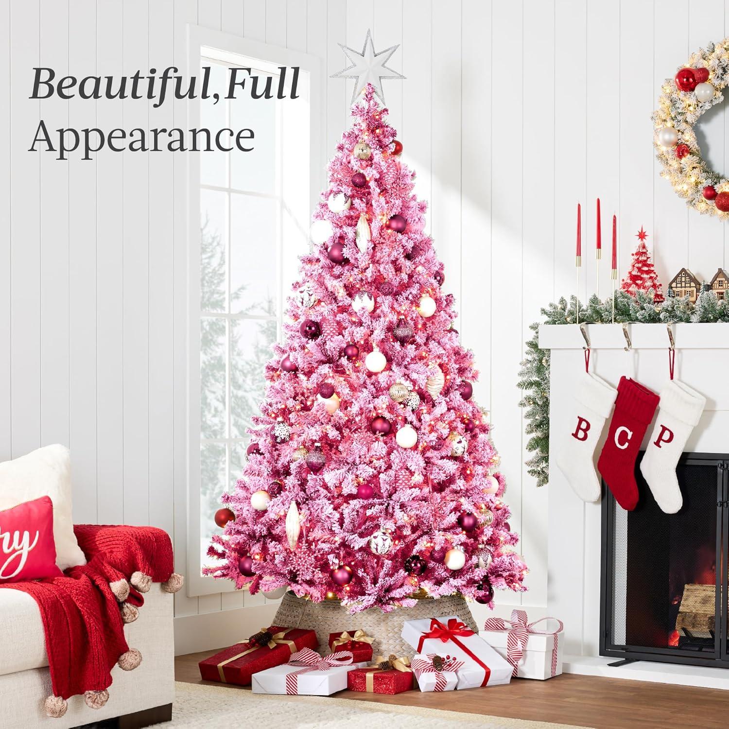 imageBest Choice Products PreLit Artificial Christmas Tree 6ft Snow Flocked Pine Tree 2in1 White and Multicolor LED Lights Full Snowy AppearancePink