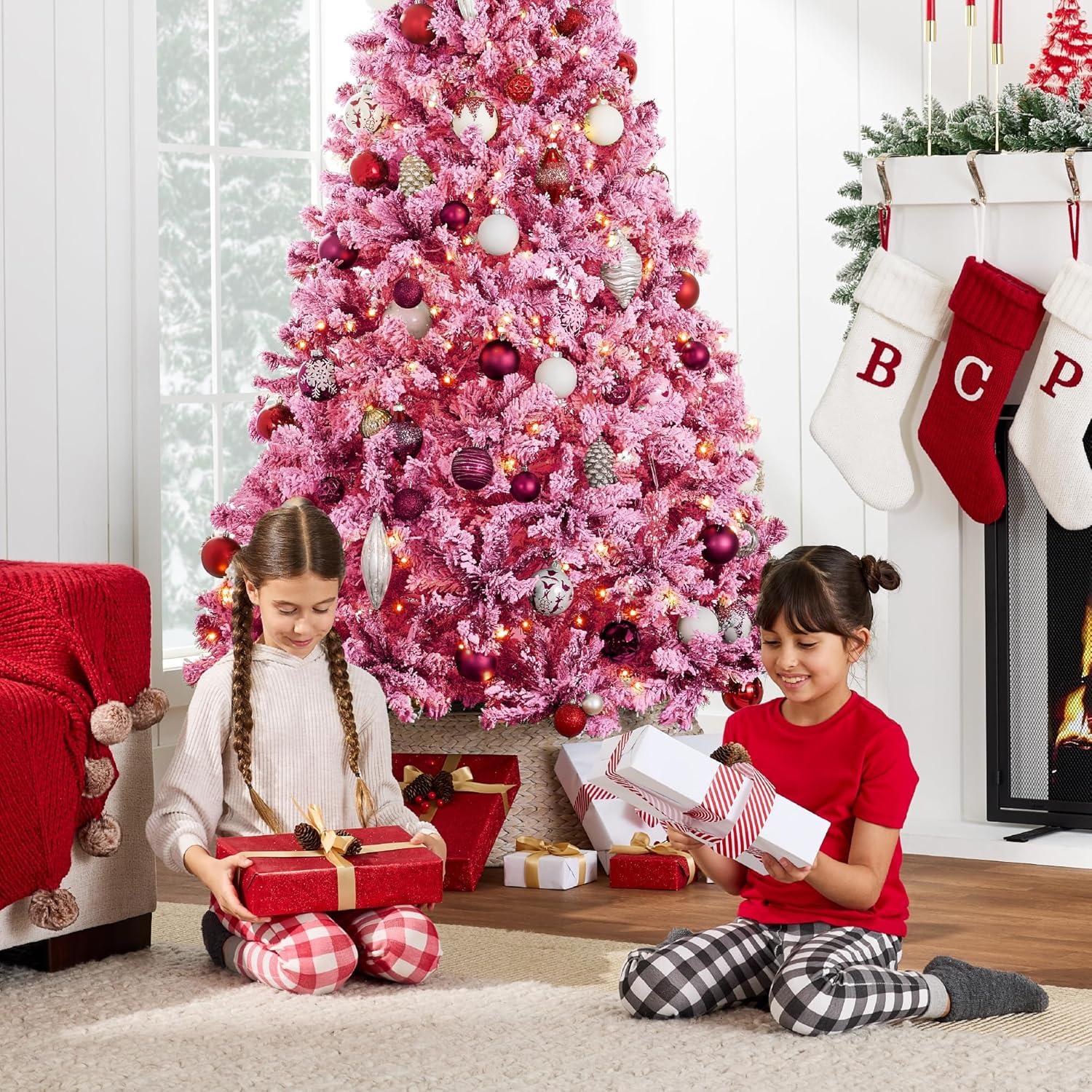 imageBest Choice Products PreLit Artificial Christmas Tree 6ft Snow Flocked Pine Tree 2in1 White and Multicolor LED Lights Full Snowy AppearancePink