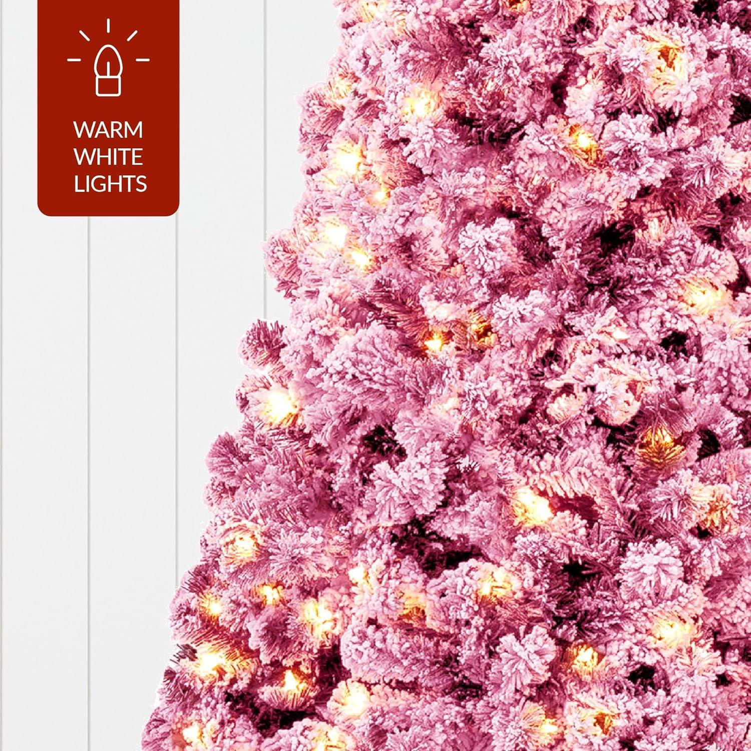 imageBest Choice Products PreLit Artificial Christmas Tree 6ft Snow Flocked Pine Tree 2in1 White and Multicolor LED Lights Full Snowy AppearancePink