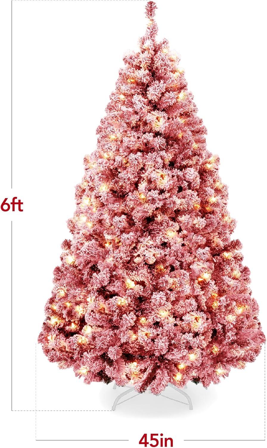 imageBest Choice Products PreLit Artificial Christmas Tree 6ft Snow Flocked Pine Tree 2in1 White and Multicolor LED Lights Full Snowy AppearanceRed