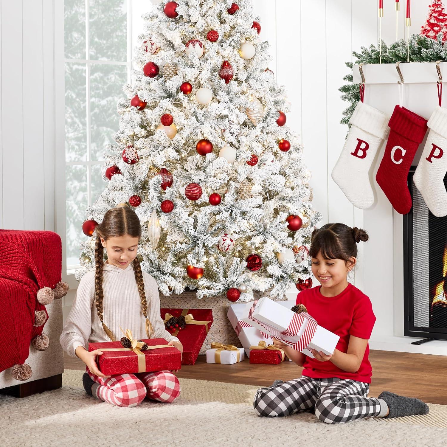 imageBest Choice Products PreLit Artificial Christmas Tree 6ft Snow Flocked Pine Tree 2in1 White and Multicolor LED Lights Full Snowy AppearanceWhite