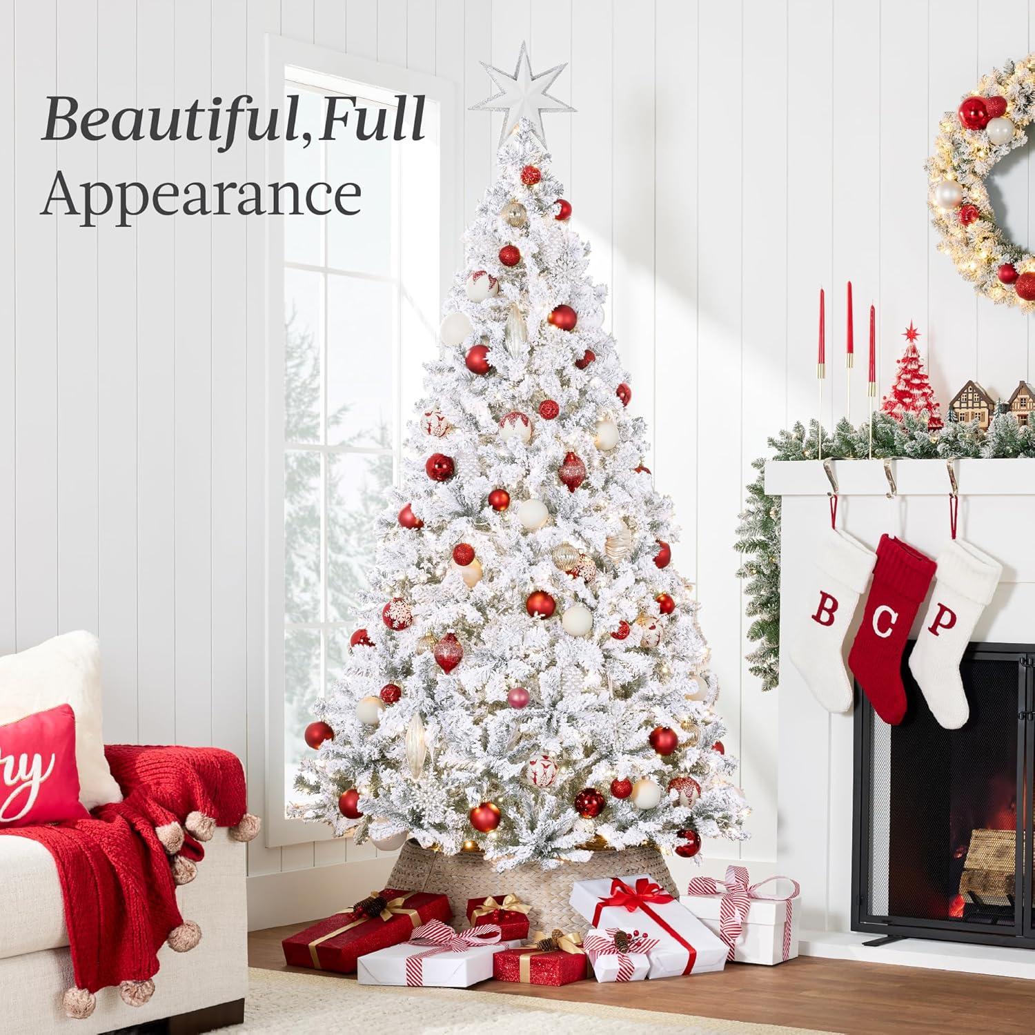 imageBest Choice Products PreLit Artificial Christmas Tree 6ft Snow Flocked Pine Tree 2in1 White and Multicolor LED Lights Full Snowy AppearanceWhite
