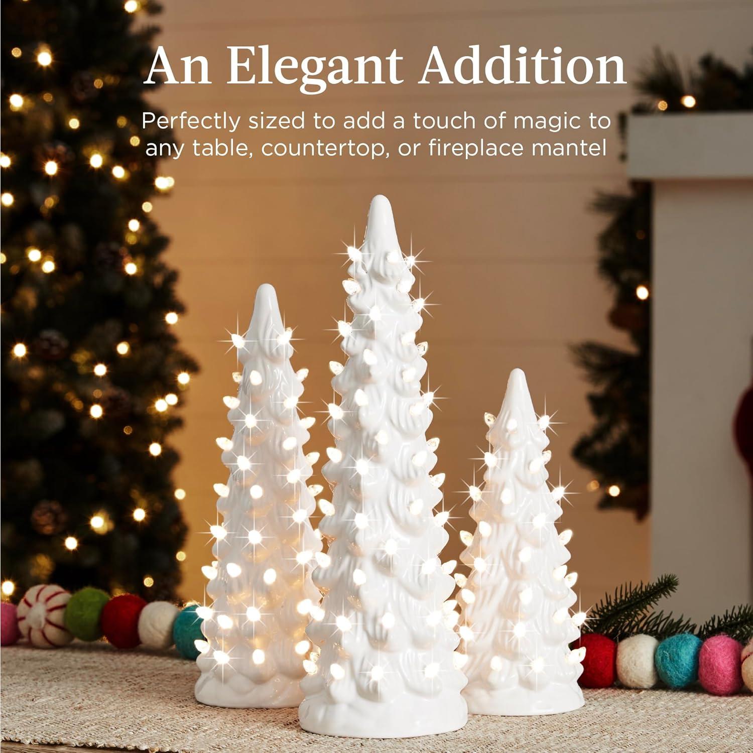 imageBest Choice Products Set of 3 Ceramic Christmas Trees PreLit HandPainted Tabletop Holiday Decoration wMulticolor Bulbs LED Lights  GreenWhite W Warm White Lights