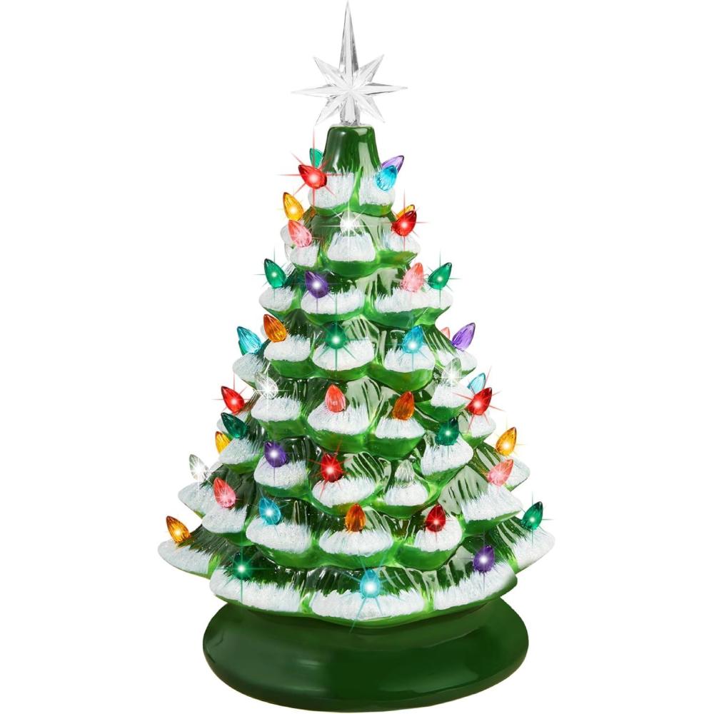 imageBest Choice Products 15in Ceramic Christmas Tree Prelit HandPainted Tabletop Holiday Tree Star Topper 64 Lights  Green wMulticolored BulbsFrosted W Multicolored Lights