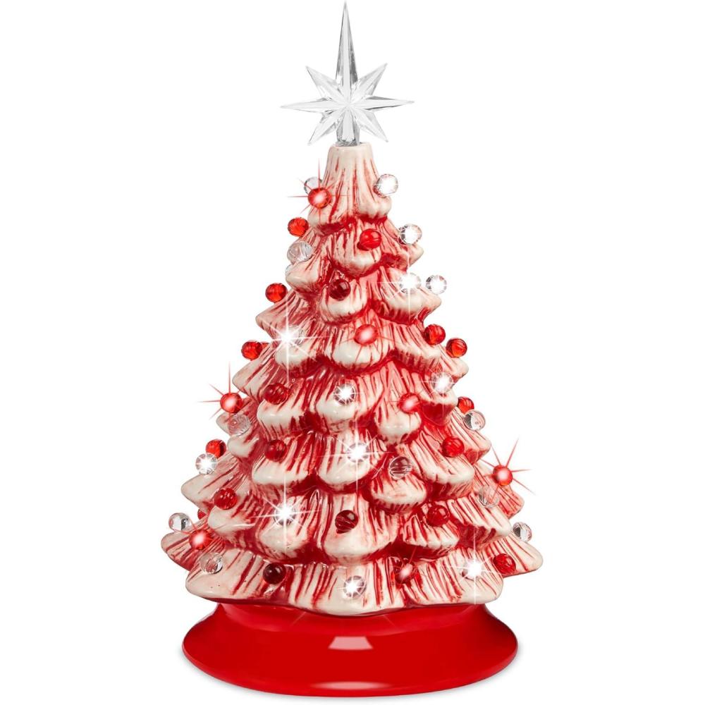 imageBest Choice Products 15in Ceramic Christmas Tree Prelit HandPainted Tabletop Holiday Tree Star Topper 64 Lights  Green wMulticolored BulbsPeppermint