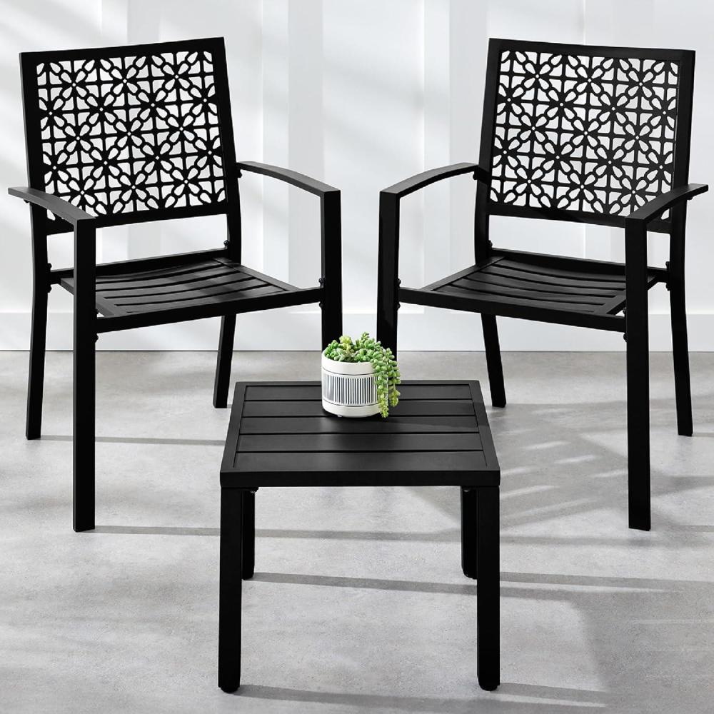 imageBest Choice Products 3Piece Outdoor Bistro Set Stackable Modern Steel Furniture for Porch Garden w 2 Chairs Table Geometric Decor  Peacock BlueBlack