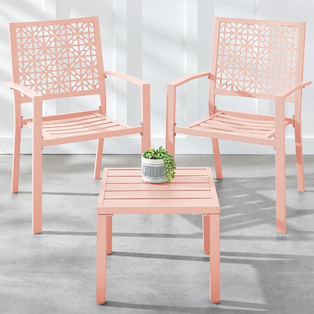 imageBest Choice Products 3Piece Outdoor Bistro Set Stackable Modern Steel Furniture for Porch Garden w 2 Chairs Table Geometric Decor  Peacock BluePeach