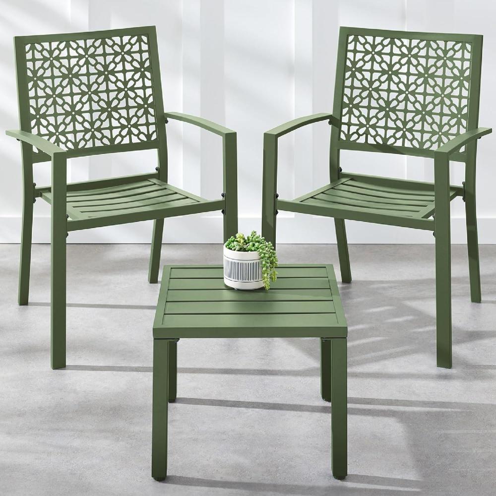 imageBest Choice Products 3Piece Outdoor Bistro Set Stackable Modern Steel Furniture for Porch Garden w 2 Chairs Table Geometric Decor  Peacock BlueSage Green