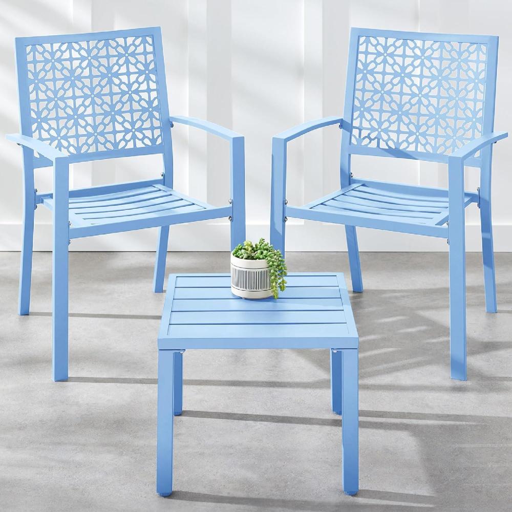 imageBest Choice Products 3Piece Outdoor Bistro Set Stackable Modern Steel Furniture for Porch Garden w 2 Chairs Table Geometric Decor  Peacock BlueSky Blue