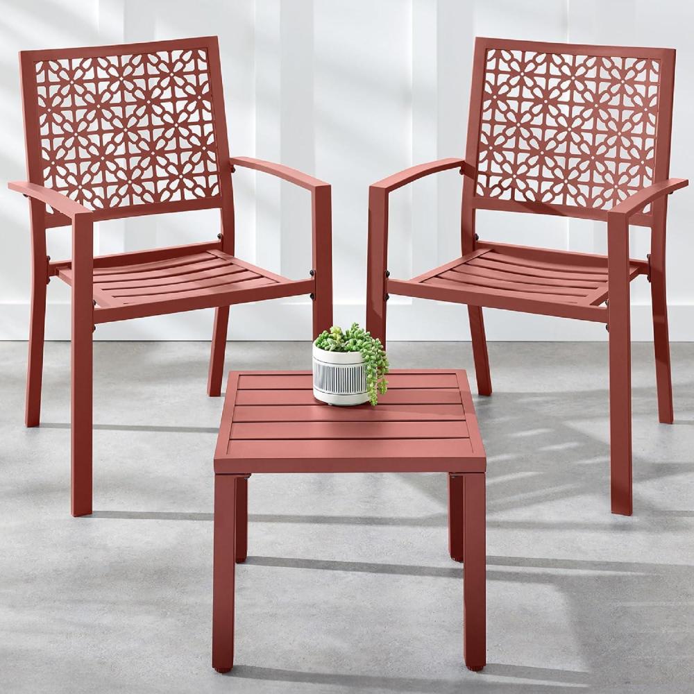 imageBest Choice Products 3Piece Outdoor Bistro Set Stackable Modern Steel Furniture for Porch Garden w 2 Chairs Table Geometric Decor  Peacock BlueTerracotta