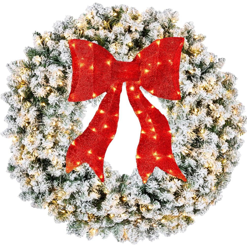 imageBest Choice Products 48in Large Flocked Artificial PreLit Fir Christmas Wreath Holiday Accent Decoration for Door Mantel wRed Lighted Bow 250 LED Lights 714 PVC Tips Power PluginFlocked