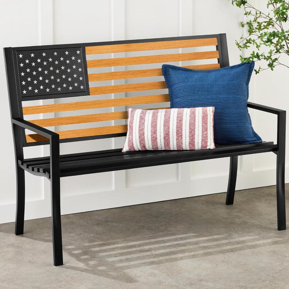 imageBest Choice Products Outdoor Bench 2Person Steel IndoorOutdoor Bench for Garden Patio Porch Entryway wAmerican Flag 790lb Capacity  BlackWoodBlackWood