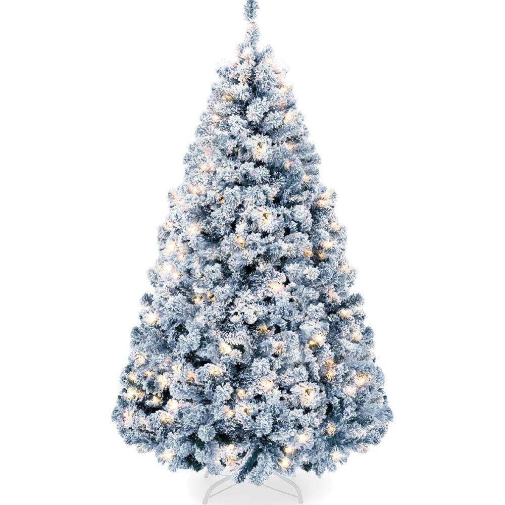 imageBest Choice Products PreLit Artificial Christmas Tree 6ft Snow Flocked Pine Tree 2in1 White and Multicolor LED Lights Full Snowy AppearanceIce Blue