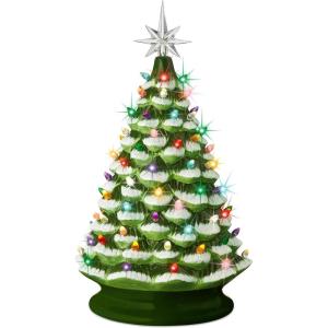 imageBest Choice Product 24in Extra Large Ceramic Christmas Tree PreLit HandPainted Tabletop XL Indoor Holiday Tree 74 Multicolor Bulbs LED Lights  GreenFlockedGreen