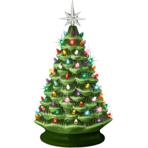 imageBest Choice Product 24in Extra Large Ceramic Christmas Tree PreLit HandPainted Tabletop XL Indoor Holiday Tree 74 Multicolor Bulbs LED Lights  GreenGreen