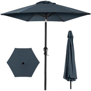 imageBest Choice Products 10ft Market Umbrella Outdoor Sun Shade for Backyard Deck Poolside Table wWoodgrain Pattern Easy Tilt ampamp Crank  Fog GraySlate Blue