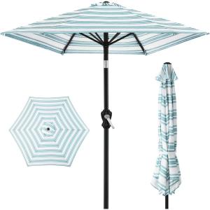 imageBest Choice Products 10ft Market Umbrella Outdoor Sun Shade for Backyard Deck Poolside Table wWoodgrain Pattern Easy Tilt ampamp Crank  Fog GrayStriped Sky Blue