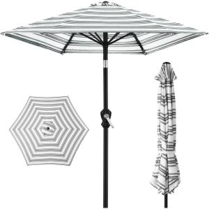 imageBest Choice Products 10ft Market Umbrella Outdoor Sun Shade for Backyard Deck Poolside Table wWoodgrain Pattern Easy Tilt ampamp Crank  Fog GrayStriped Black