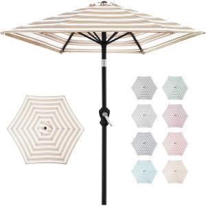 imageBest Choice Products 10ft Market Umbrella Outdoor Sun Shade for Backyard Deck Poolside Table wWoodgrain Pattern Easy Tilt ampamp Crank  Fog GrayStriped Tan