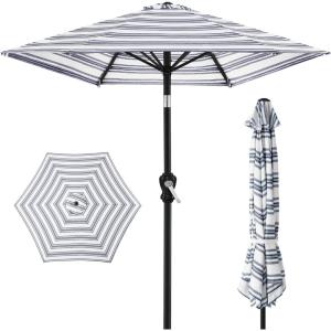 imageBest Choice Products 10ft Market Umbrella Outdoor Sun Shade for Backyard Deck Poolside Table wWoodgrain Pattern Easy Tilt ampamp Crank  Fog GrayStriped Navy Blue