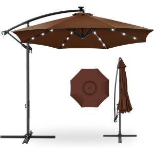 imageBest Choice Products 10ft Solar LED Offset Hanging Market Patio Umbrella for Backyard Poolside Lawn and Garden wEasy Tilt Adjustment Polyester Shade 8 Ribs  TanBrown