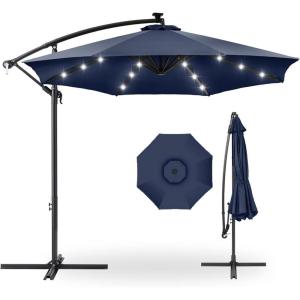 imageBest Choice Products 10ft Solar LED Offset Hanging Market Patio Umbrella for Backyard Poolside Lawn and Garden wEasy Tilt Adjustment Polyester Shade 8 Ribs  TanNavy Blue