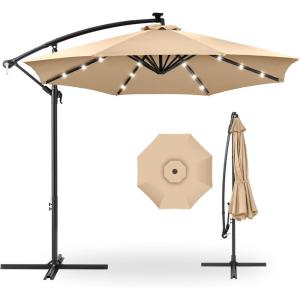 imageBest Choice Products 10ft Solar LED Offset Hanging Market Patio Umbrella for Backyard Poolside Lawn and Garden wEasy Tilt Adjustment Polyester Shade 8 Ribs  TanSand