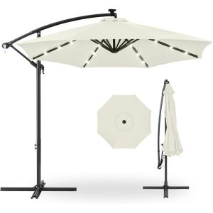 imageBest Choice Products 10ft Solar LED Offset Hanging Market Patio Umbrella for Backyard Poolside Lawn and Garden wEasy Tilt Adjustment Polyester Shade 8 Ribs  TanIvory