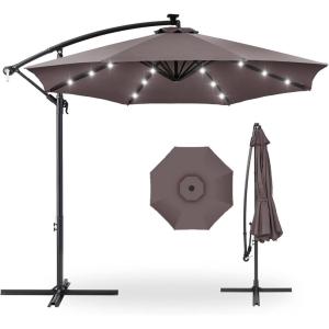 imageBest Choice Products 10ft Solar LED Offset Hanging Market Patio Umbrella for Backyard Poolside Lawn and Garden wEasy Tilt Adjustment Polyester Shade 8 Ribs  TanDeep Taupe