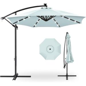 imageBest Choice Products 10ft Solar LED Offset Hanging Market Patio Umbrella for Backyard Poolside Lawn and Garden wEasy Tilt Adjustment Polyester Shade 8 Ribs  TanBaby Blue