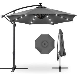 imageBest Choice Products 10ft Solar LED Offset Hanging Market Patio Umbrella for Backyard Poolside Lawn and Garden wEasy Tilt Adjustment Polyester Shade 8 Ribs  TanGray