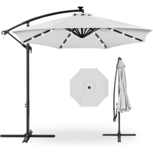imageBest Choice Products 10ft Solar LED Offset Hanging Market Patio Umbrella for Backyard Poolside Lawn and Garden wEasy Tilt Adjustment Polyester Shade 8 Ribs  TanFog Gray