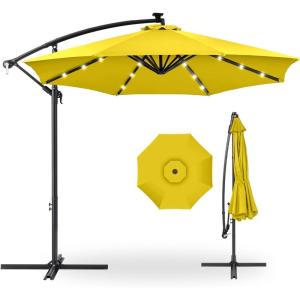 imageBest Choice Products 10ft Solar LED Offset Hanging Market Patio Umbrella for Backyard Poolside Lawn and Garden wEasy Tilt Adjustment Polyester Shade 8 Ribs  TanYellow