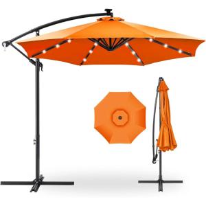 imageBest Choice Products 10ft Solar LED Offset Hanging Market Patio Umbrella for Backyard Poolside Lawn and Garden wEasy Tilt Adjustment Polyester Shade 8 Ribs  TanOrange
