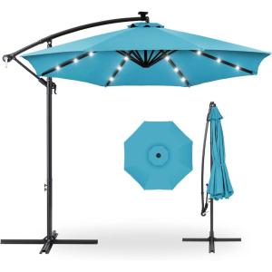 imageBest Choice Products 10ft Solar LED Offset Hanging Market Patio Umbrella for Backyard Poolside Lawn and Garden wEasy Tilt Adjustment Polyester Shade 8 Ribs  TanSky Blue