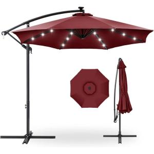 imageBest Choice Products 10ft Solar LED Offset Hanging Market Patio Umbrella for Backyard Poolside Lawn and Garden wEasy Tilt Adjustment Polyester Shade 8 Ribs  TanBurgundy