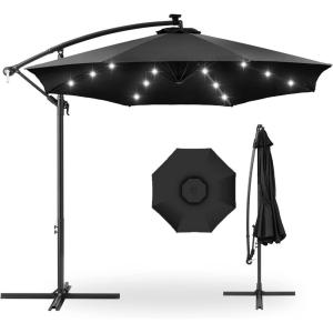 imageBest Choice Products 10ft Solar LED Offset Hanging Market Patio Umbrella for Backyard Poolside Lawn and Garden wEasy Tilt Adjustment Polyester Shade 8 Ribs  TanBlack