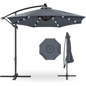 imageBest Choice Products 10ft Solar LED Offset Hanging Market Patio Umbrella for Backyard Poolside Lawn and Garden wEasy Tilt Adjustment Polyester Shade 8 Ribs  TanSlate