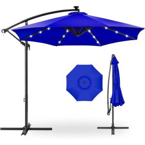 imageBest Choice Products 10ft Solar LED Offset Hanging Market Patio Umbrella for Backyard Poolside Lawn and Garden wEasy Tilt Adjustment Polyester Shade 8 Ribs  TanResort Blue