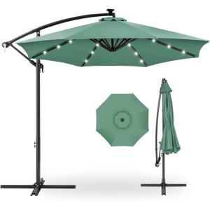 imageBest Choice Products 10ft Solar LED Offset Hanging Market Patio Umbrella for Backyard Poolside Lawn and Garden wEasy Tilt Adjustment Polyester Shade 8 Ribs  TanSeaglass