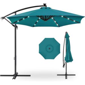 imageBest Choice Products 10ft Solar LED Offset Hanging Market Patio Umbrella for Backyard Poolside Lawn and Garden wEasy Tilt Adjustment Polyester Shade 8 Ribs  TanCerulean