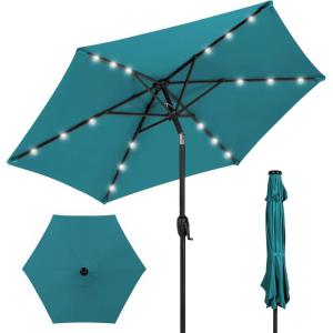 imageBest Choice Products 10ft Solar Polyester LED Lighted Patio Umbrella wTilt Adjustment and UVResistant Fabric  Striped BlackCerulean